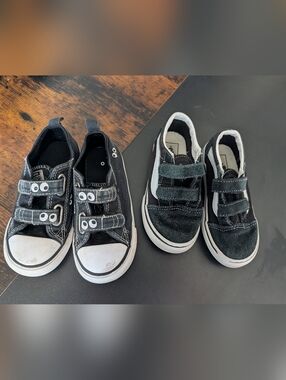 Kids Black Velcro Canvas Sneakers - Classic Casual Shoes Bundle As Is